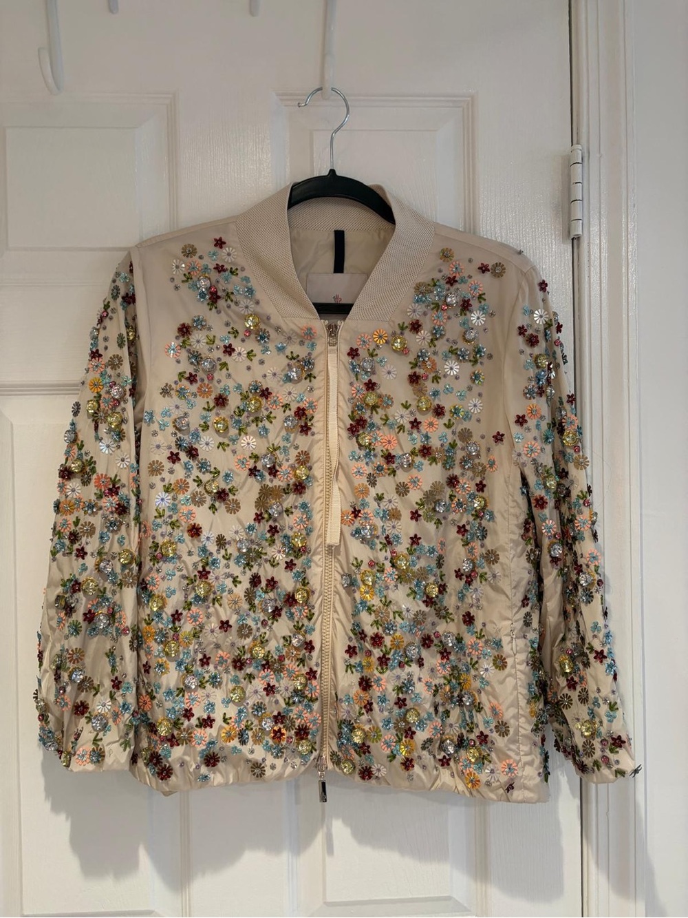 Moncler Cream Embellished Nylon Bomber Jacket